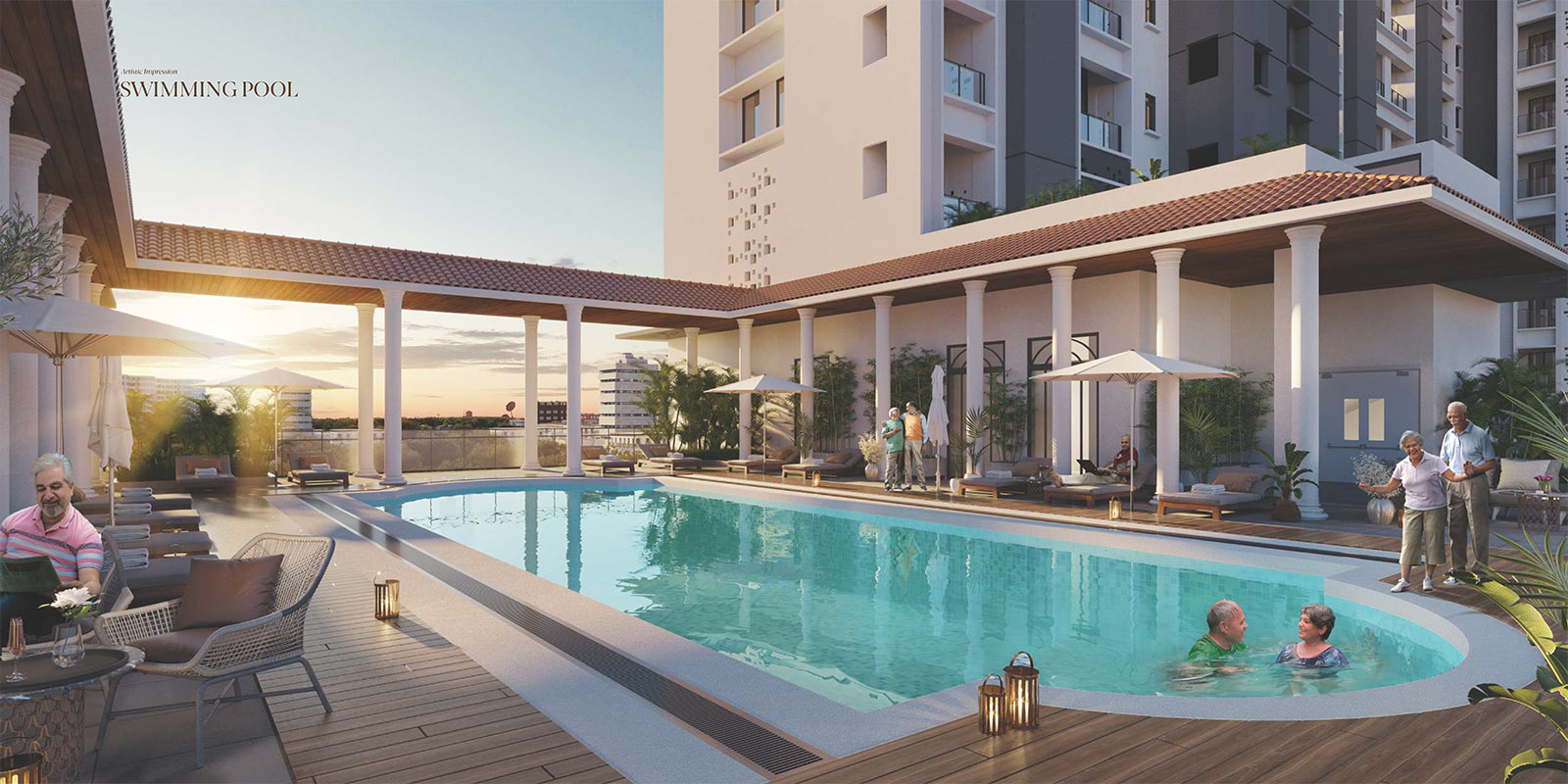 Pioneer Advait wellness and pool area, artist's impression with senior residents