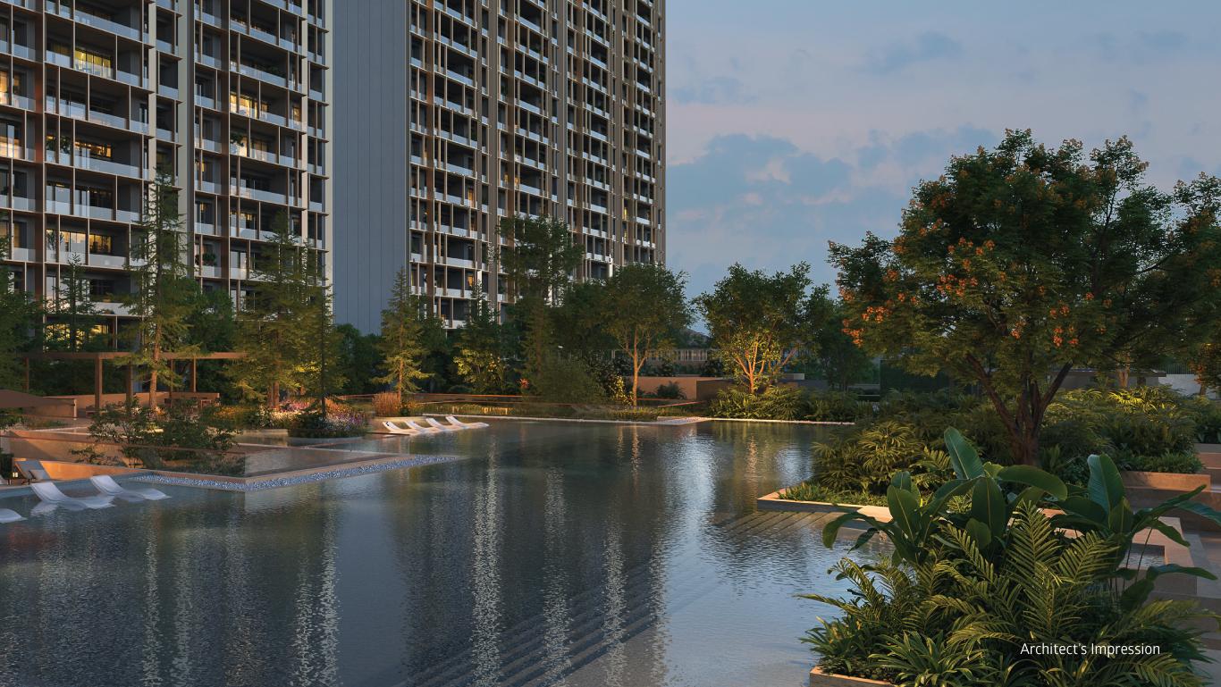 Architect's impression of Three Sixty North: two fin-facade towers above a landscaped podium pool at dusk