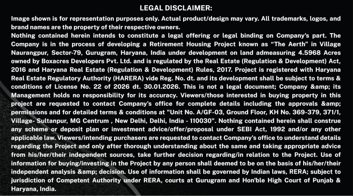 The legal disclaimer on the last page of The Aerth brochure, stating the company is developing a Retirement Housing Project known as The Aerth in Sector 79, Gurugram, under licence 22 of 2026.