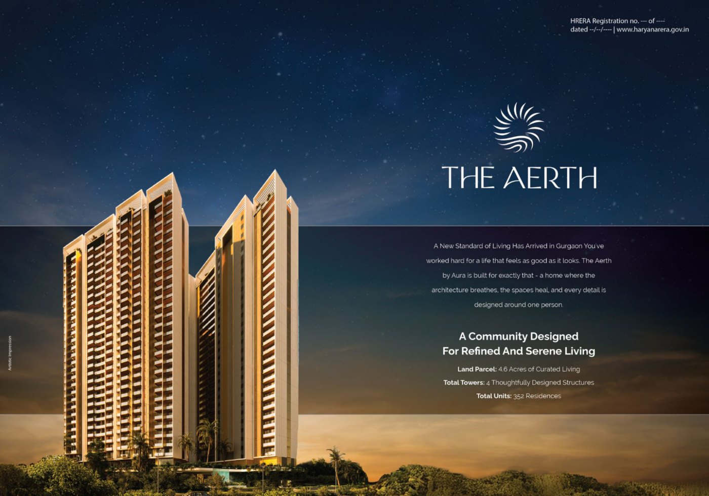 A page from The Aerth brochure filed with HARERA Gurugram: an artistic impression of tall residential towers at dusk, with the text: A new standard of living has arrived in Gurgaon. You've worked hard for a life that feels as good as it looks. 4.6 acres, 4 towers, 352 residences.