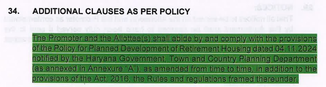 Clause 34 of DLF's draft agreement for sale for The Aureva, headed Additional clauses as per policy, highlighted in green: the promoter and allottee shall comply with the retirement housing policy dated 04.11.2024 as annexed in Annexure A.