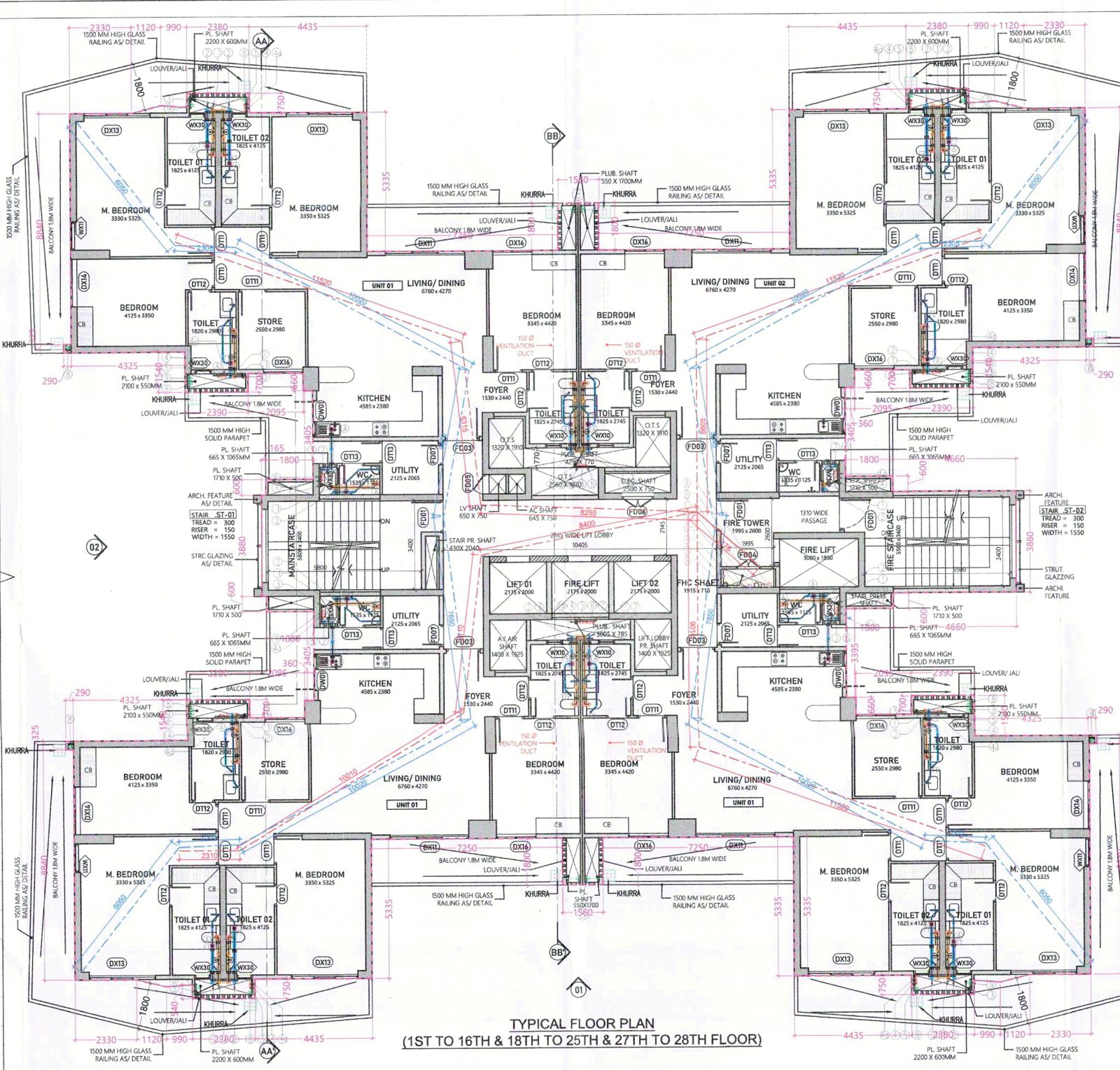 Approved typical floor plan of a Tower C in Cocoa County Phase 2: four four-bedroom flats arranged around a central core with lifts and two staircases.