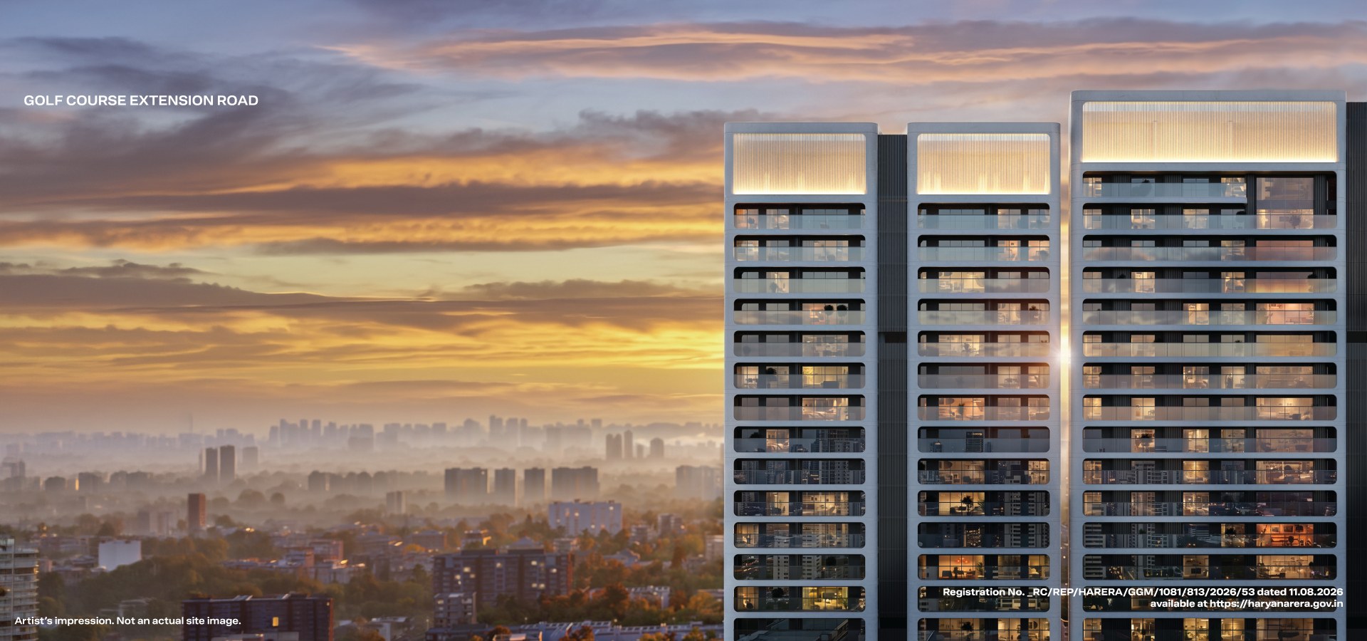 Godrej's official render of Godrej Verano: the upper floors of three white-framed residential towers with glass balconies and lit crowns against a sunset sky.
