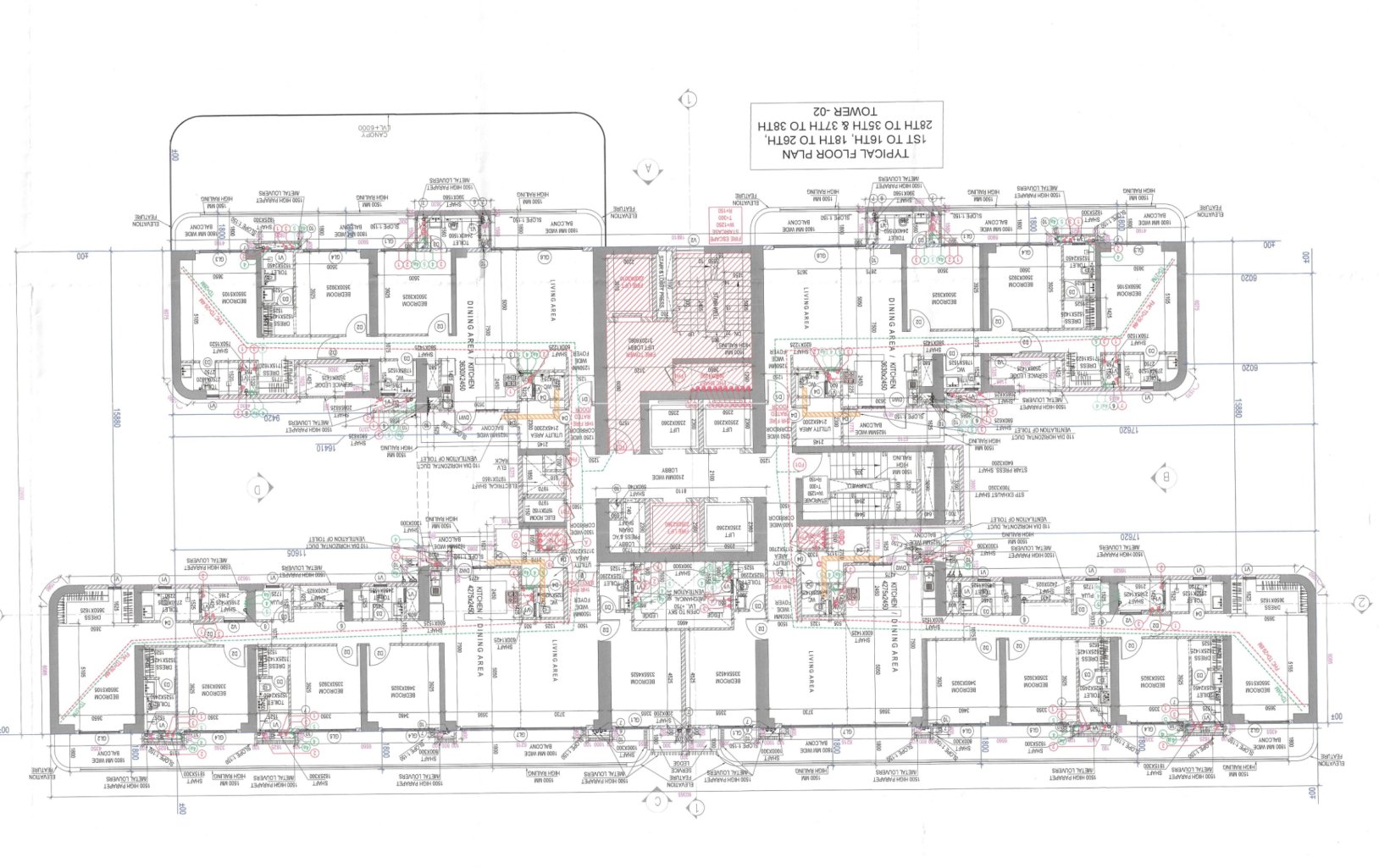 Approved typical floor plan of Tower 2, showing four flats on a floor arranged around a central lift and stair core, with living areas, kitchens, bedrooms with dressing rooms, and balconies on the long faces.