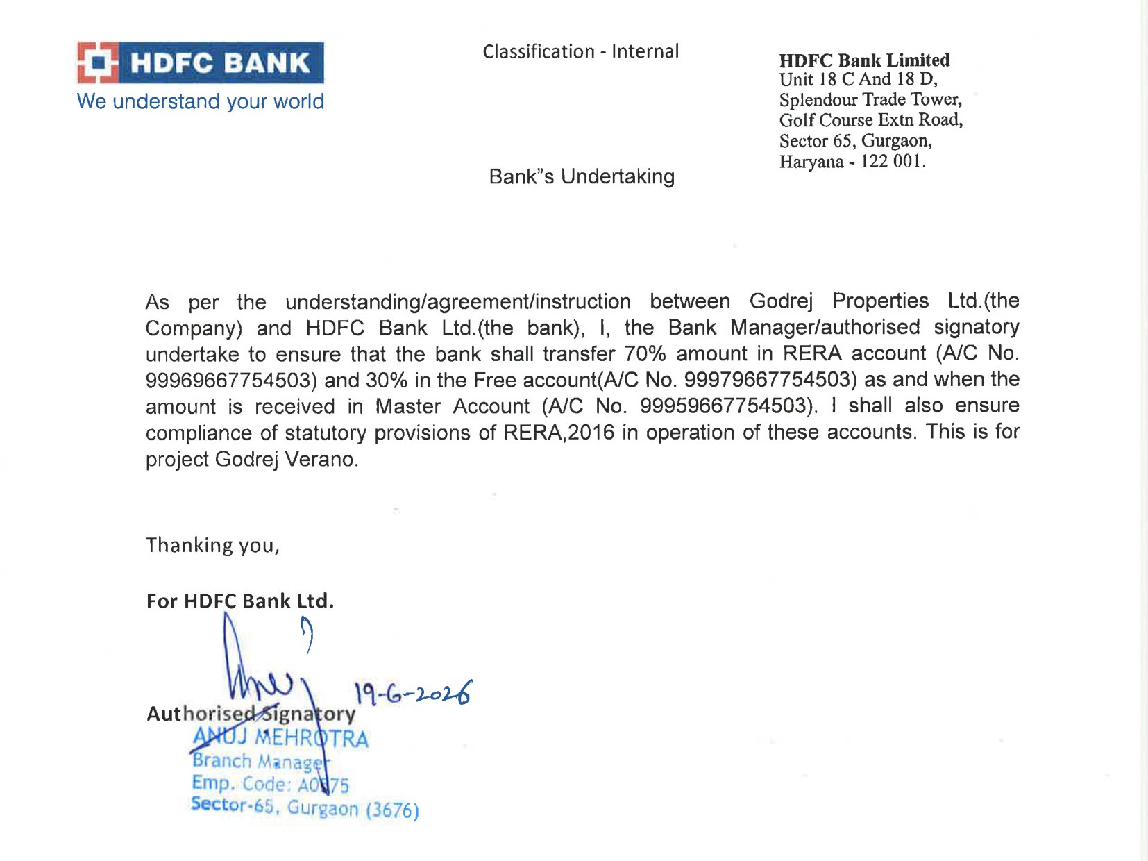 HDFC Bank undertaking dated 19 June 2026 for Godrej Verano, filed with HARERA Gurugram, confirming 70 percent transfer to the RERA account and 30 percent to the Free account as amounts arrive in the Master account.
