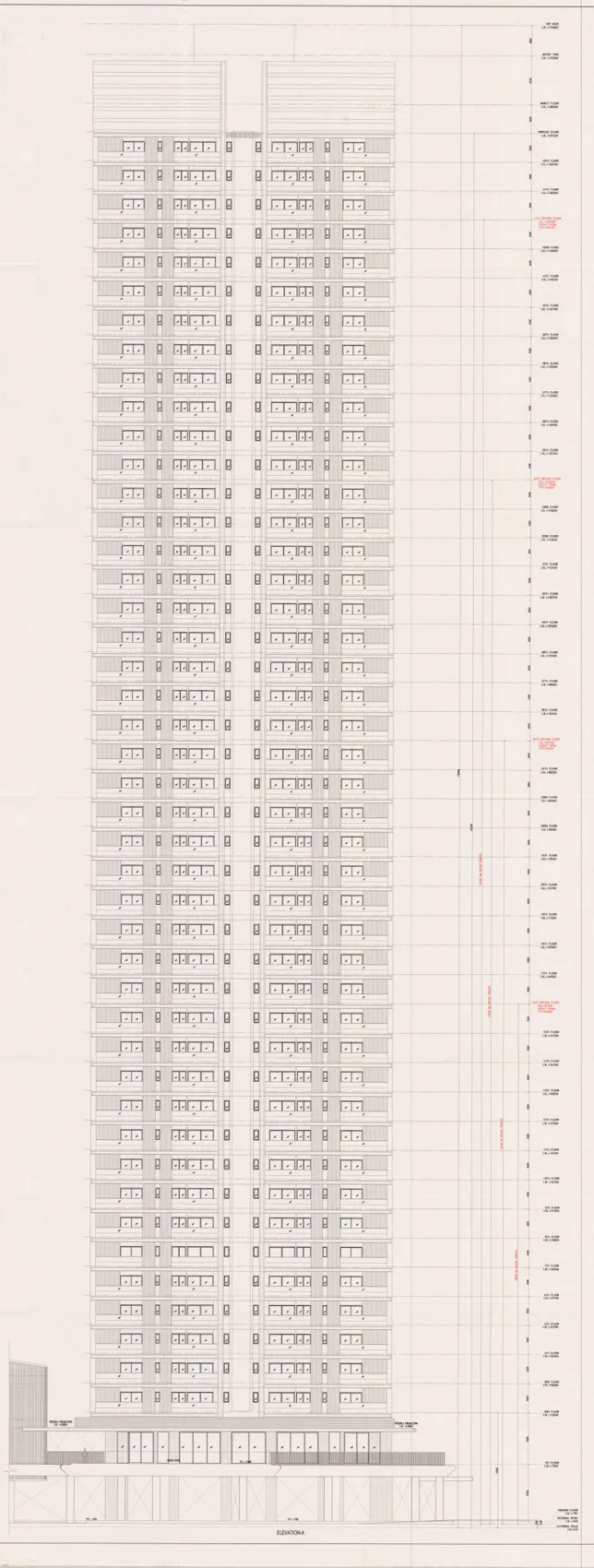Approved Elevation A of DLF The Aureva, Sector 63, from the HARERA file: a single slender residential tower over a ground-level podium.