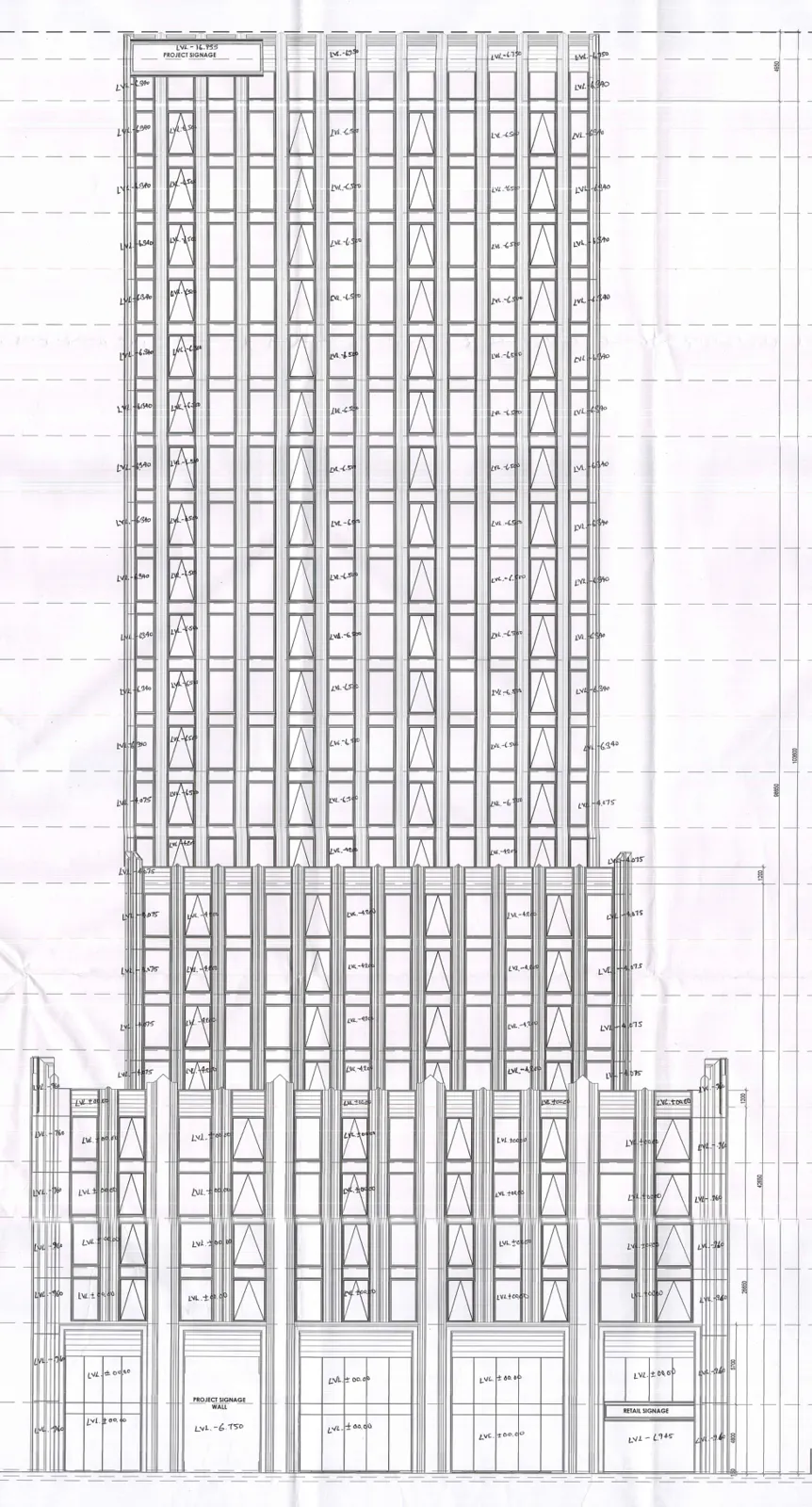 Approved elevation 01 of Lodha Golf Course Road, Sector 28, from the HARERA file: a single commercial tower with a wider podium at the base, retail signage at ground level and project signage at the crown.