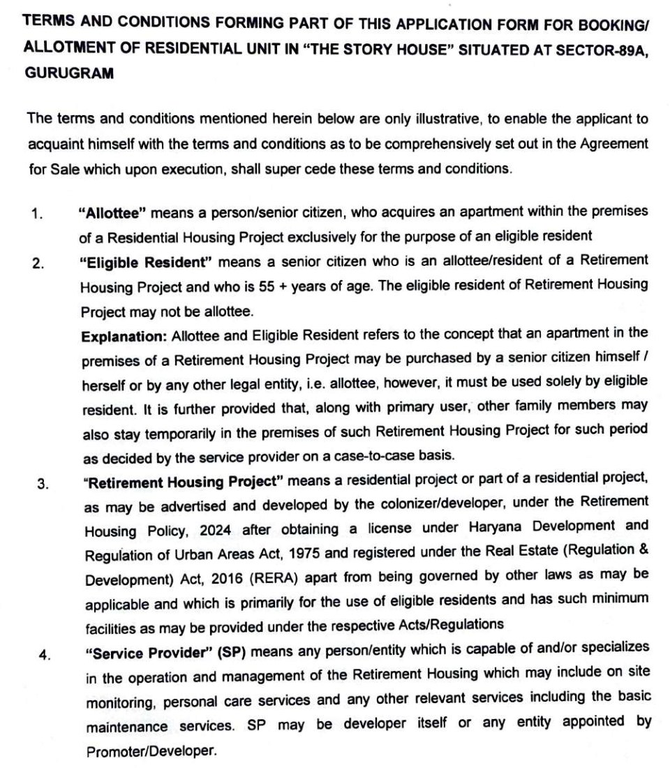 Page 9 of The Story House application form filed with HARERA: definitions of Allottee, Eligible Resident (a senior citizen 55 years of age and above), Retirement Housing Project and Service Provider.