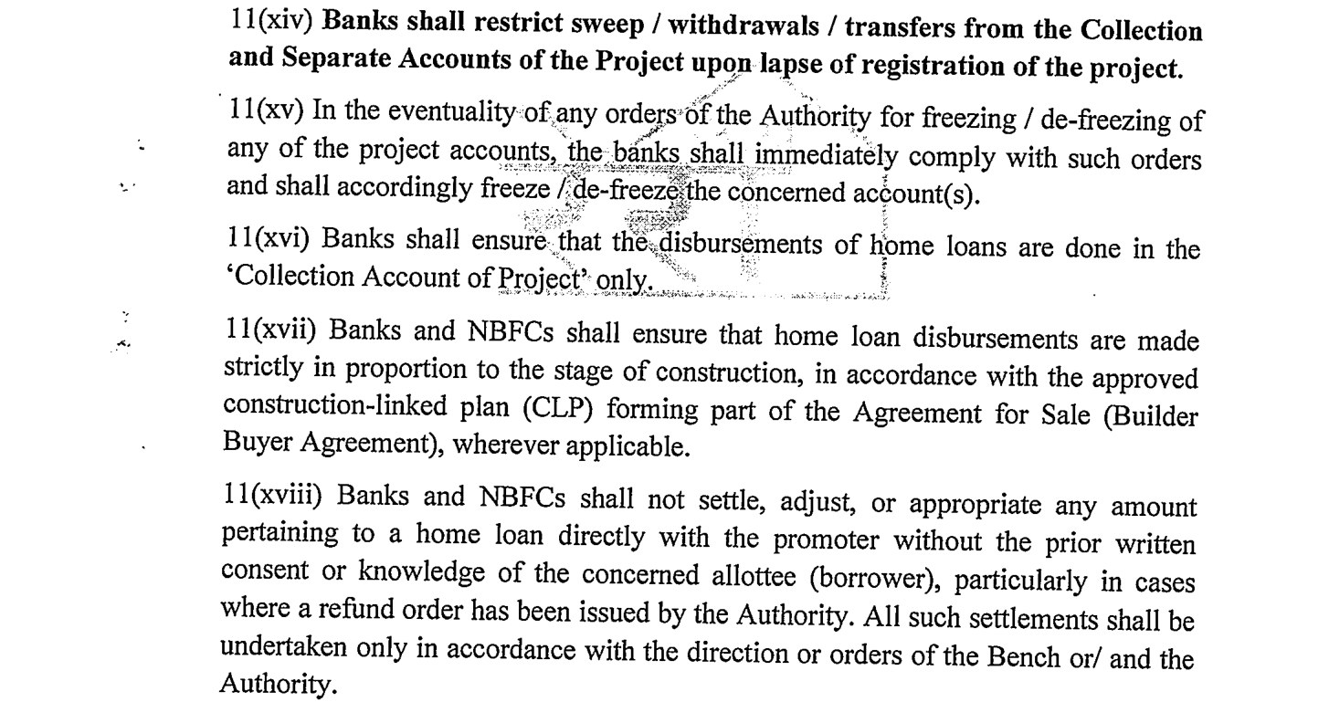 Clauses 11(xiv) to 11(xviii) of the UP RERA Project Account Directions, 3rd Revision 2026: banks must restrict sweeps on lapse of registration, obey freeze orders, disburse home loans only into the Collection account, disburse in proportion to construction under the construction-linked plan, and not settle home loans with the promoter without the borrower's consent.