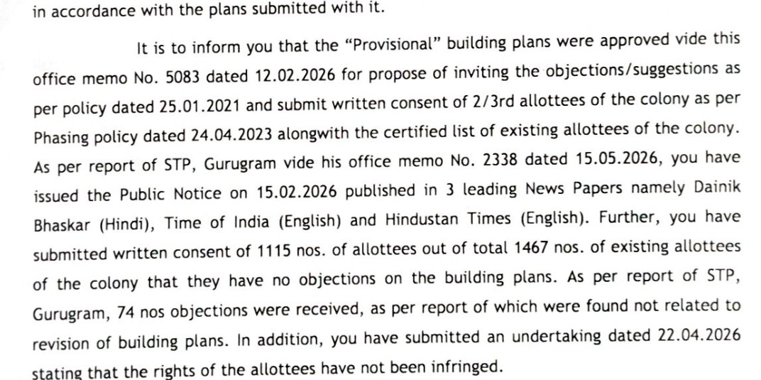 Paragraph from DTCP's sanction letter for Godrej Zenith dated 22.06.2026: provisional plans approved 12.02.2026 for inviting objections, public notice 15.02.2026 in three newspapers, written consent of 1115 of 1467 existing allottees, 74 objections found not related to revision of building plans
